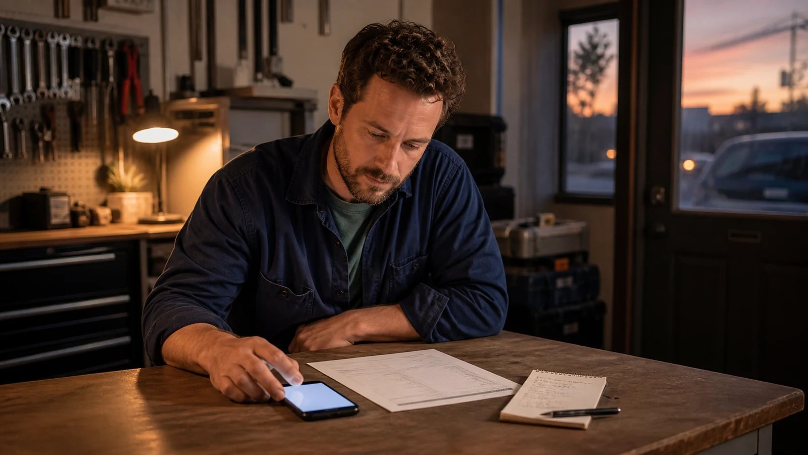 Small-business owner reviewing a phone and paperwork in a workshop after finishing the day's work.