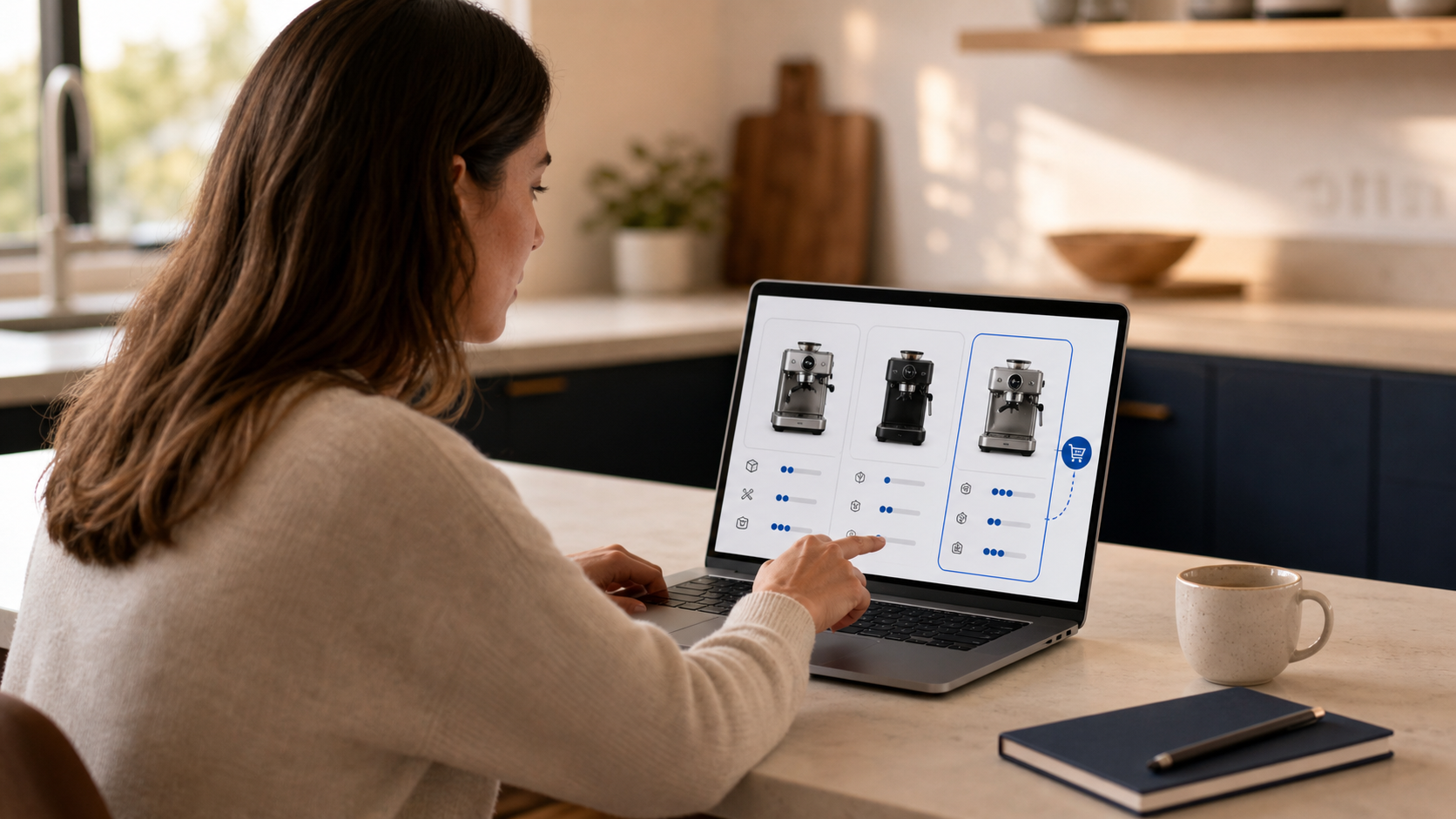 A shopper comparing three espresso machines on a laptop, with compatibility indicators and a cart ready for review.